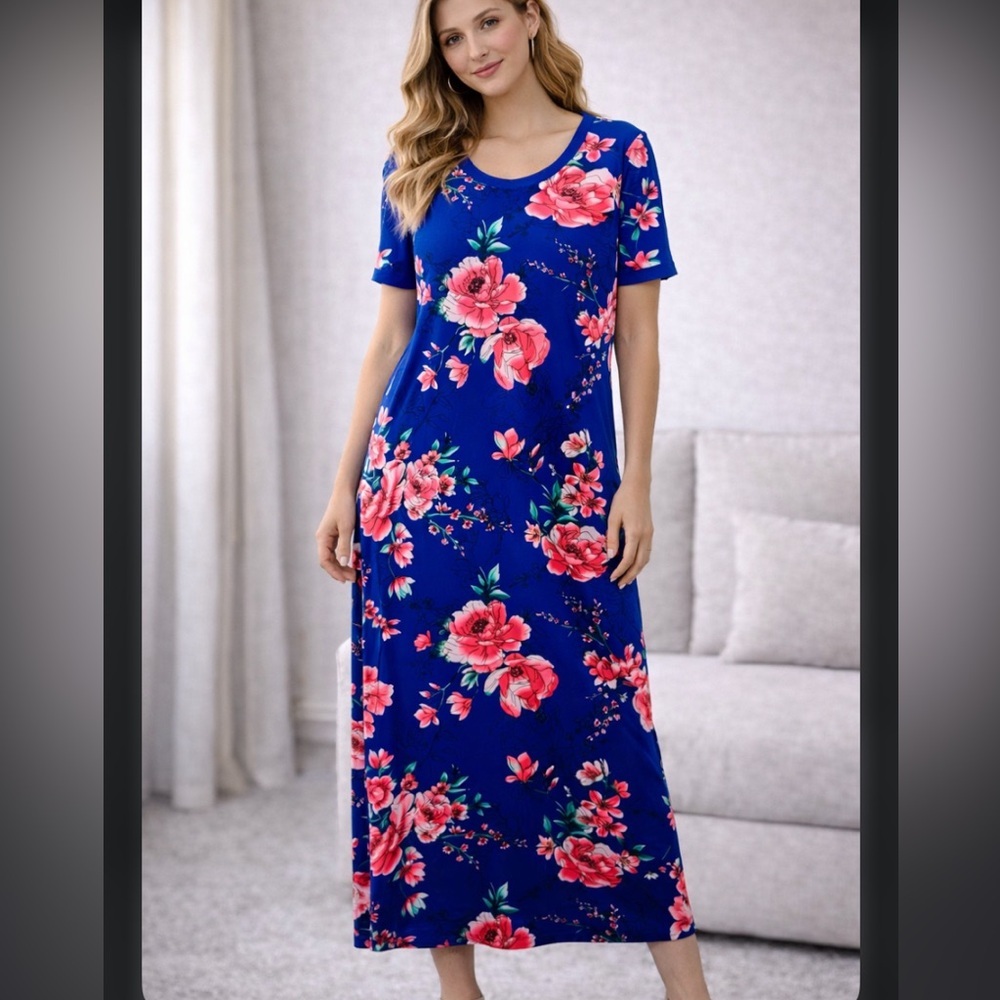 G.I.L.I Floral Short Sleeve Maxi Dress Size Petite Large Side Slits Cottagecore